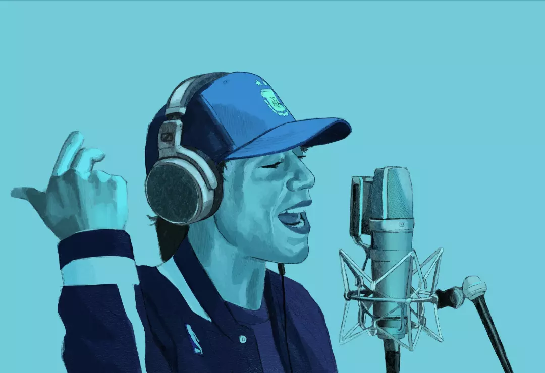 Ilustración en azul de una persona cantando ante un micrófono